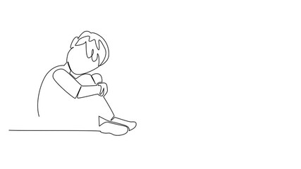 Poster - Self drawing animation of single one line drawing boy sitting with bent legs and crossed arms. Loneliness as an only child. Super busy parents. Childhood Depression Awareness Day. Full length animated