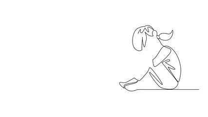 Poster - Animated self drawing of single continuous line drawing girl sitting with bent legs and crossed arms. Loneliness. Silence. Lonely. Empty. Childhood Depression Awareness Day. Full length animation