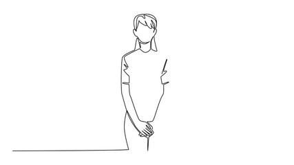 Poster - Animation of single one line drawing woman holds her vital parts with both hands. Increased frequency of urination. Recognize the symptoms. Bladder Cancer Awareness Day. Full length motion