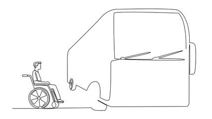 Poster - Animated self drawing continuous one line drawing man sits in a wheelchair next to the bus and looks at the bus. Buses are not disabled friendly. National Barrier Awareness Day. Full length animation