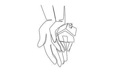 Poster - Self drawing animation of continuous one line drawing the miniature house on the palm of the hand. The dream of providing the best care in the best home. National Foster Care Day. Full length animated