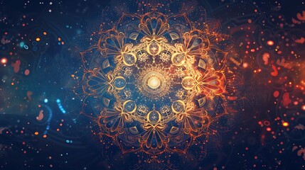 Poster - Intricate golden mandala design with floral and geometric patterns on a dark blue background