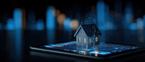 Poster - digital house on financial tablet at night