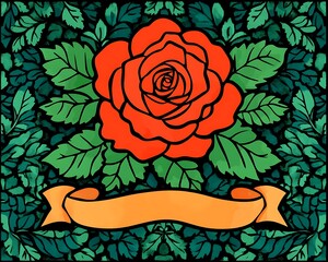 Poster - A vibrant rose and banner with leaves in a decorative design