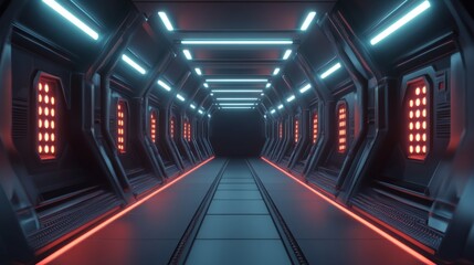Poster - A subway tunnel with glowing lights along the walls, creating a symmetrical path with parallel tracks and smooth concrete surfaces, leading to an unknown destination