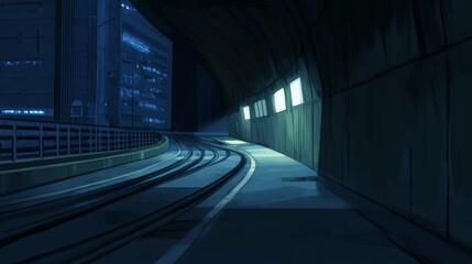 Aufkleber - A subway tunnel with illuminated track rails running through a dark, curved passage, with soft lighting casting shadows on the concrete walls for a dramatic effect