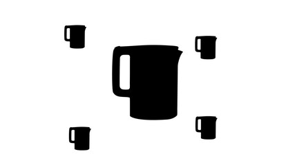 Poster - Zoom in and out animation the electric kettle symbol. Large black symbol in the center and four small symbols around. Seamless looped 4k animation on white background