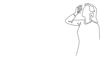 Poster - Animation of single continuous line drawing a woman inhales asthma inhaler. Unfriendly weather triggers an asthma attack. First aid prevents permanent relapse. World Asthma Day. Full length motion