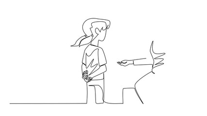 Poster - Animation of single continuous line drawing girl holding cupcake behind back and wants to give to mother. Thank you cake for beloved mother. National Give Someone a Cupcake Day. Full length motion