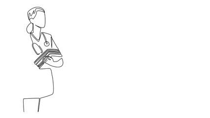 Poster - Animation of single continuous line drawing female student nurse wearing nurse uniform and wearing stethoscope carrying several books. Internship. National Student Nurse Day. Full length motion