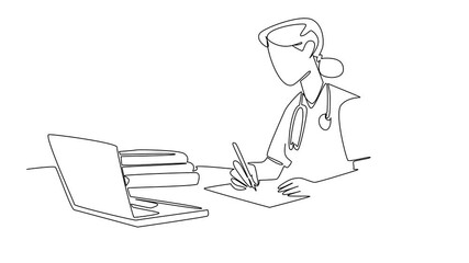 Poster - Self drawing animation of continuous one line drawing female student nurse wearing stethoscope writing at desk. Final theory test online. The best. National Student Nurse Day. Full length animated