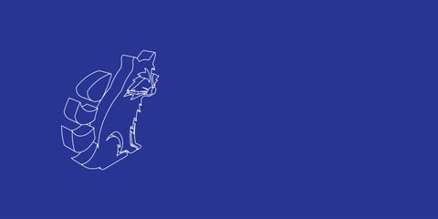 Poster - The outline of a large raccoon symbol made of white lines on the left. 3D view of the object in perspective. Vector illustration on indigo background