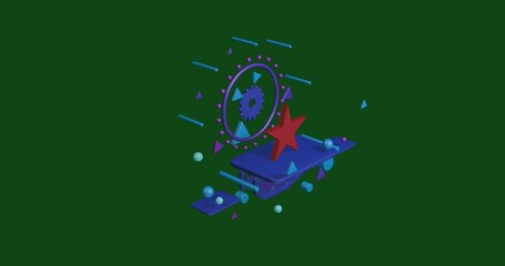 Poster - Red star symbol on a pedestal of abstract geometric shapes floating in the air. Abstract concept art with flying shapes in the center. 3d illustration on green background