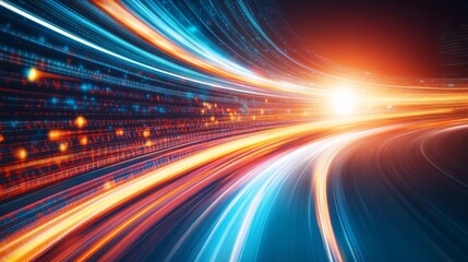 Poster - A vibrant light streak speeding through a futuristic grid-like space, creating an illusion of rapid movement and light-speed travel through a digital landscape