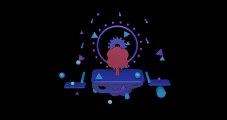 Poster - Red tree symbol on a pedestal of abstract geometric shapes floating in the air. Abstract concept art with flying shapes in the center. 3d illustration on black background