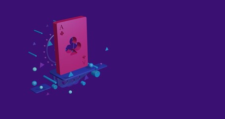 Poster - Pink ace of clubs card on a pedestal of abstract geometric shapes floating in the air. Abstract concept art with flying shapes on the left. 3d illustration on deep purple background