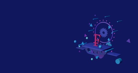 Poster - Pink franc symbol on a pedestal of abstract geometric shapes floating in the air. Abstract concept art with flying shapes on the right. 3d illustration on indigo background