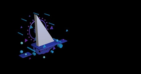 Poster - White right triangle symbol on a pedestal of abstract geometric shapes floating in the air. Abstract concept art with flying shapes on the left. 3d illustration on black background