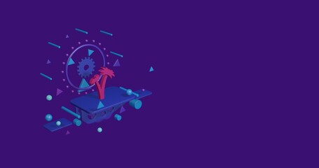 Poster - Pink palm trees symbol on a pedestal of abstract geometric shapes floating in the air. Abstract concept art with flying shapes on the left. 3d illustration on deep purple background