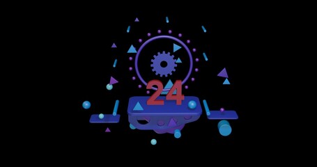 Poster - Red around the clock symbol on a pedestal of abstract geometric shapes floating in the air. Abstract concept art with flying shapes in the center. 3d illustration on black background