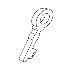 Poster - The outline of a large old key symbol is made with black lines. 3D view of the object in perspective. Vector illustration on white background