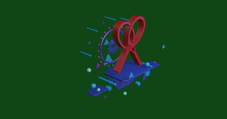 Poster - Red crossed tennis rackets symbol on a pedestal of abstract geometric shapes floating in the air. Abstract concept art with flying shapes in the center. 3d illustration on green background