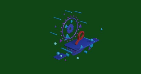 Poster - Red tennis symbol on a pedestal of abstract geometric shapes floating in the air. Abstract concept art with flying shapes in the center. 3d illustration on green background