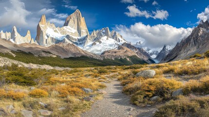 Aufkleber - A wide shot of a high-altitude mountain range with sharp peaks and valleys, partially covered in clouds, creating a mystical and dramatic landscape