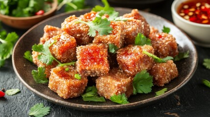 Aufkleber - A wide shot of crispy fried pork belly pieces drizzled with savory fish sauce, placed on a rustic plate with a hint of fresh herbs, captured with soft lighting