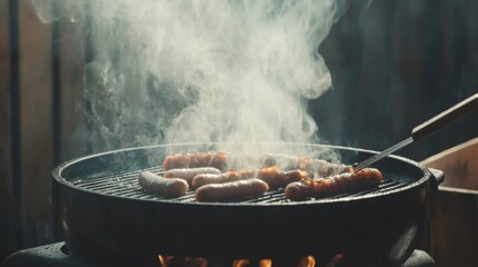 Aufkleber - A wide shot of sausages on a grill, with a light glaze of oil and smoke rising, captured in soft, natural light, creating a mouth-watering atmosphere