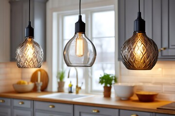 Poster - Modern pendant lamps illuminating contemporary kitchen