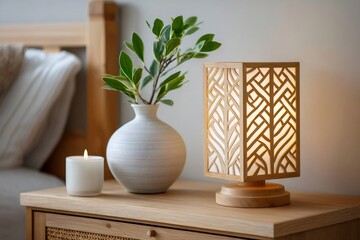 Poster - Wooden table lamp illuminating modern bedroom decor with green plant and candle