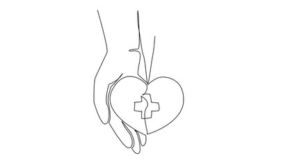 Poster - Animated self drawing of single one line drawing open palm and there is a heart with a plus sign in the middle. Symbol of caring for others. Charity. Donate. World Red Cross Day. Full length animation