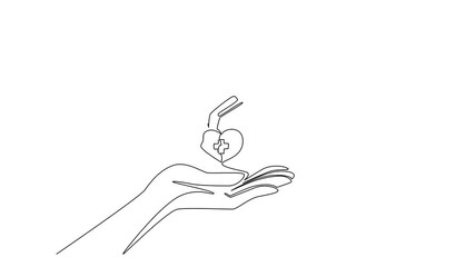 Poster - Animation of single continuous line drawing hand is giving a heart with a plus sign in the middle to the other hand. Caring for each other. Donation. Love. World Red Cross Day. Full length motion
