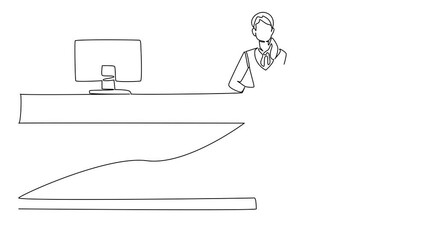 Poster - Self drawing animation of single continuous line drawing a female receptionist crossed her arms and leaned against long table. Relaxing after many guests visit. Receptionist Day. Full length animated