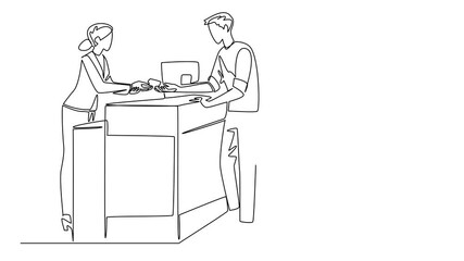 Poster - Animated self drawing of single one line drawing a female receptionist is giving cards to a husband and wife visitor. Access card to enter the magnificent room. Receptionist Day. Full length animation
