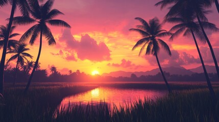 Aufkleber - Silhouettes of palm trees surrounding a rice field, set against a vibrant sunset sky.