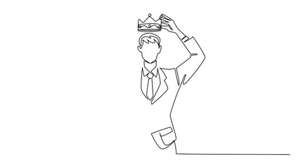 Poster - Animation of continuous one line drawing a man in a suit and tie puts a crown on his head. Just acknowledge the own greatness. Excessive narcissism. Reward Yourself Day. Full length motion