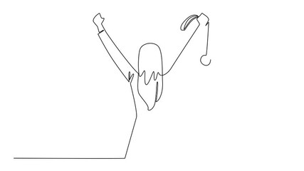 Poster - Self drawing animation of single one line drawing a woman in casual clothes raised both hands and held a medal. Self pride. Sign of fighting to the max. Reward Yourself Day. Full length animated