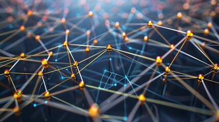 Poster - abstract network of golden spheres connected by lines on a dark blue background