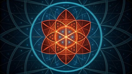 Aufkleber - Abstract geometric flower design with orange and blue lines on a dark background with stars