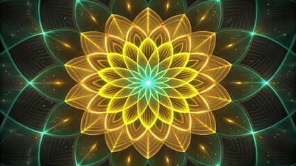 Poster - A symmetrical floral design with green and yellow petals radiating from a central point of light
