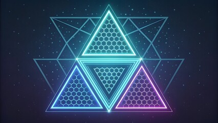 Aufkleber - Three glowing triangles stacked against a starry background with geometric line art overlayed behind