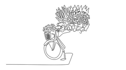 Poster - Self drawing animation of single one line drawing a bicycle with a pile of flowers on back. Selling flowers around. Small business from an early age. National Small Business Day. Full length animated