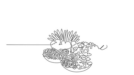 Poster - Animated self drawing of single continuous line drawing a woman sitting and some baskets containing several types of flowers. Peddling on roadside. National Small Business Day. Full length animation