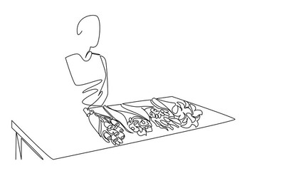 Poster - Animation of continuous one line drawing woman sitting and a table with several bouquets of flowers. Waiting for potential buyers to arrive. National Small Business Day. Full length motion