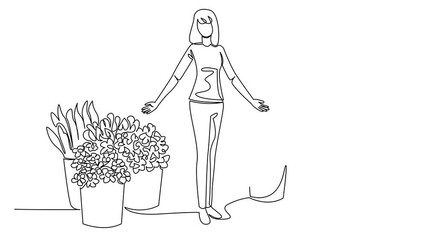 Poster - Self drawing animation of single one line drawing a woman standing in the middle of pots containing various kinds of flowers. Potential buyers. National Small Business Day. Full length animated