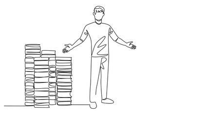 Poster - Animation of continuous one line drawing a number of stacks of books and a man standing with a welcome gesture. Offering discounted books. National Small Business Day. Full length motion
