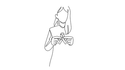 Poster - Animated self drawing of single one line drawing a young woman holds a ribbon with both hands. Symbol of health. Inviting donations. More health concerns. World Lupus Day. Full length animation