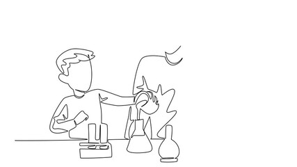 Poster - Animation of single one line drawing a man accompanies 2 boys experimenting with measuring cups. Learn chemical reactions. Learning with fun. Child Care Provider Day. Full length motion